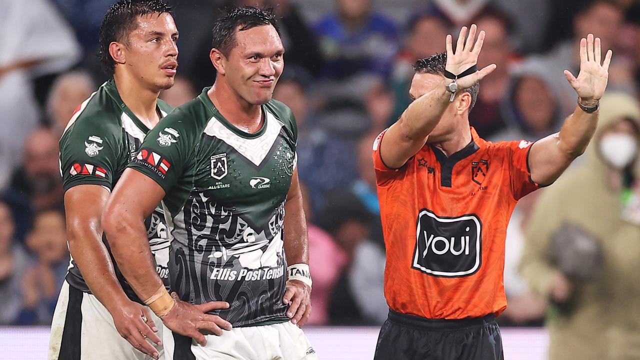 Jordan Rapana of the Maori All Stars sent for 10 minutes (Photo by Mark Kolbe/Getty Images)