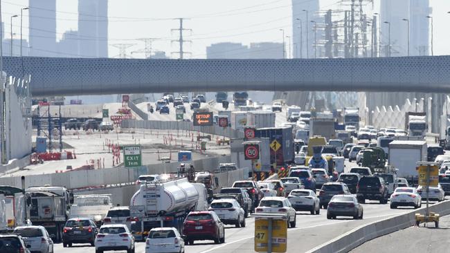 The road chaos on the West Gate Freeway left motorists stuck in traffic for more than an hour. Picture: Andrew Henshaw