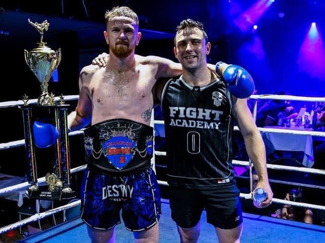 Thomas McRoberts with friend and cornerman Ben O'Connor at Mr McRoberts' Muay Thai title fight. Mr O'Connor died on January 1, 2023. Picture: Supplied