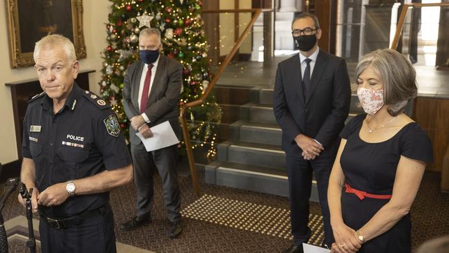 Grant Stevens, Health Minister Stephen Wade, Steven Marshall and Nicola Spurrier at the Covid Press Conference at Old Parliament House on December 2. Picture Simon Cross