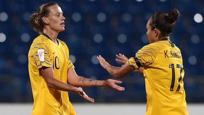 Emily Van-Egmond and Kyah Simon celebrate a goal. Picture: Getty