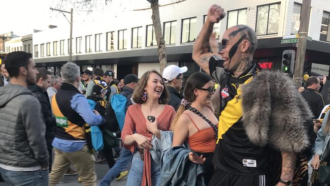 Richmond supporters, the Tiger army, descend on Swan Street after the grand final win. Picture: John Ferguson