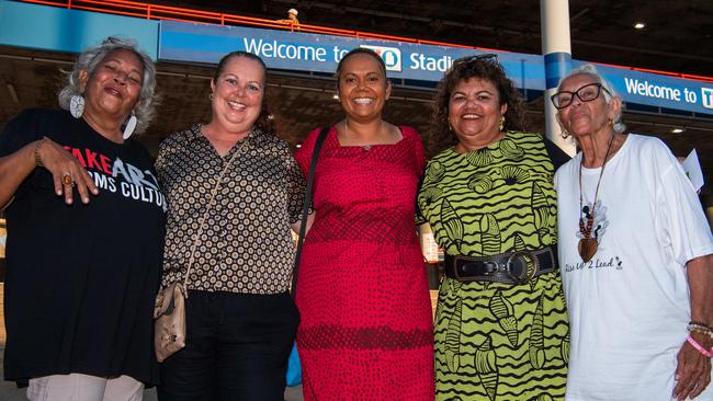 Selena Uibo Leader of the Opposition and St Mary’s president Carol Stanislaus with fans as thousands of fans gathered for the AFLW Dreamtime game between Richmond and Essendon in Darwin. Picture: Pema Tamang Pakhrin