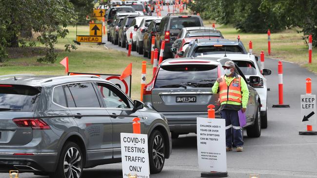 There were heavy queues at a Covid-19 testing site in Albert Park. Picture: David Crosling