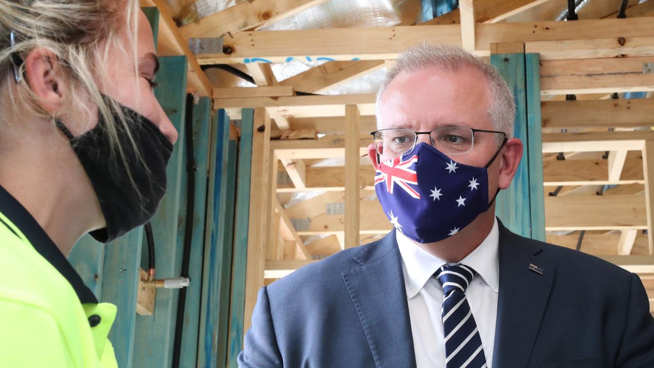 MELBOURNE, AUSTRALIA- NewsWire Photos FEBRUARY 11, 2021: .Prime Minister Scott Morrison meets with apprentice carpenter Margaret Hare on a visit to a housing construction site in Officer in the south eastern suburbs in Melbourne. Picture: NCA NewsWire/ David Crosling