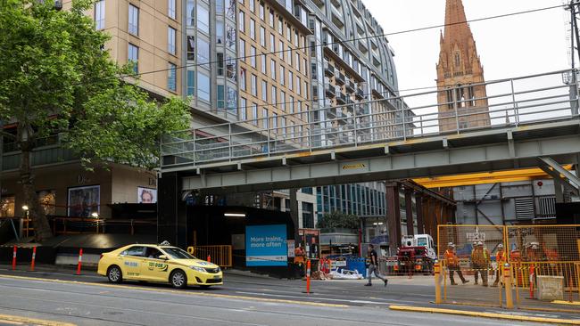 Part of the suburban rail loop can now be seen on the corner of Collins and Swanston streets in Melbourne’s CBD. Picture NCA NewsWire / Ian Currie