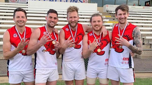 left: Daniel Butcher, David Kearsley, Brad Kirk, Sam Osmond and Mitch Fazekas have played in Flagstaff Hill Football Club's four consecutive A grade flags.