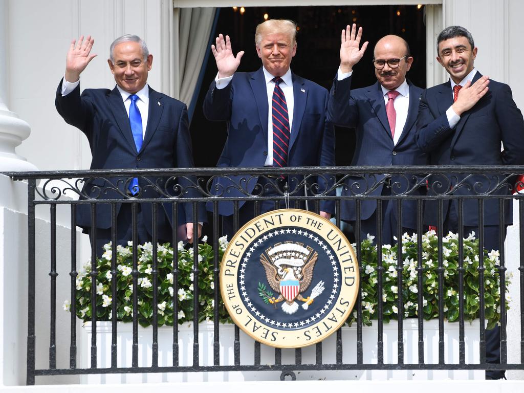 Israeli Prime Minister Benjamin Netanyahu, US President Donald Trump, Bahrain Foreign Minister Abdullatif al-Zayani, and UAE Foreign Minister Abdullah bin Zayed Al-Nahyan. Picture: Saul Loel/AFP