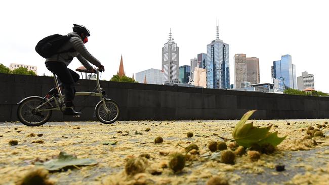 A cyclist in a face mask rides along Southbank today. Picture: AAP Image/James Ross