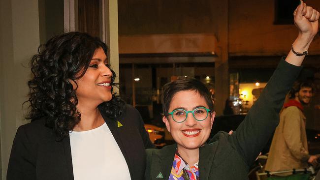 Greens leader Samantha Ratnam and Greens candidate Gabrielle De Vietri celebrate their success in the seat of Richmond. Picture: Ian Currie