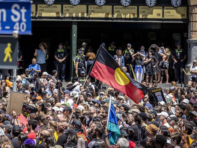 Speeches were given at the same intersection once used by the annual Australia Day parade. Picture: Jake Nowakowski