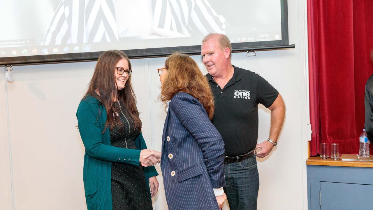 United Australia Party's Melissa Bannister (left) speaks to independent Suzie Holt and One Nation's Grant Abraham at the Toowoomba Chamber of Commerce's Meet the Candidates forum on Thursday, April 28, 2022. Picture: Sonny and Kat Photography.