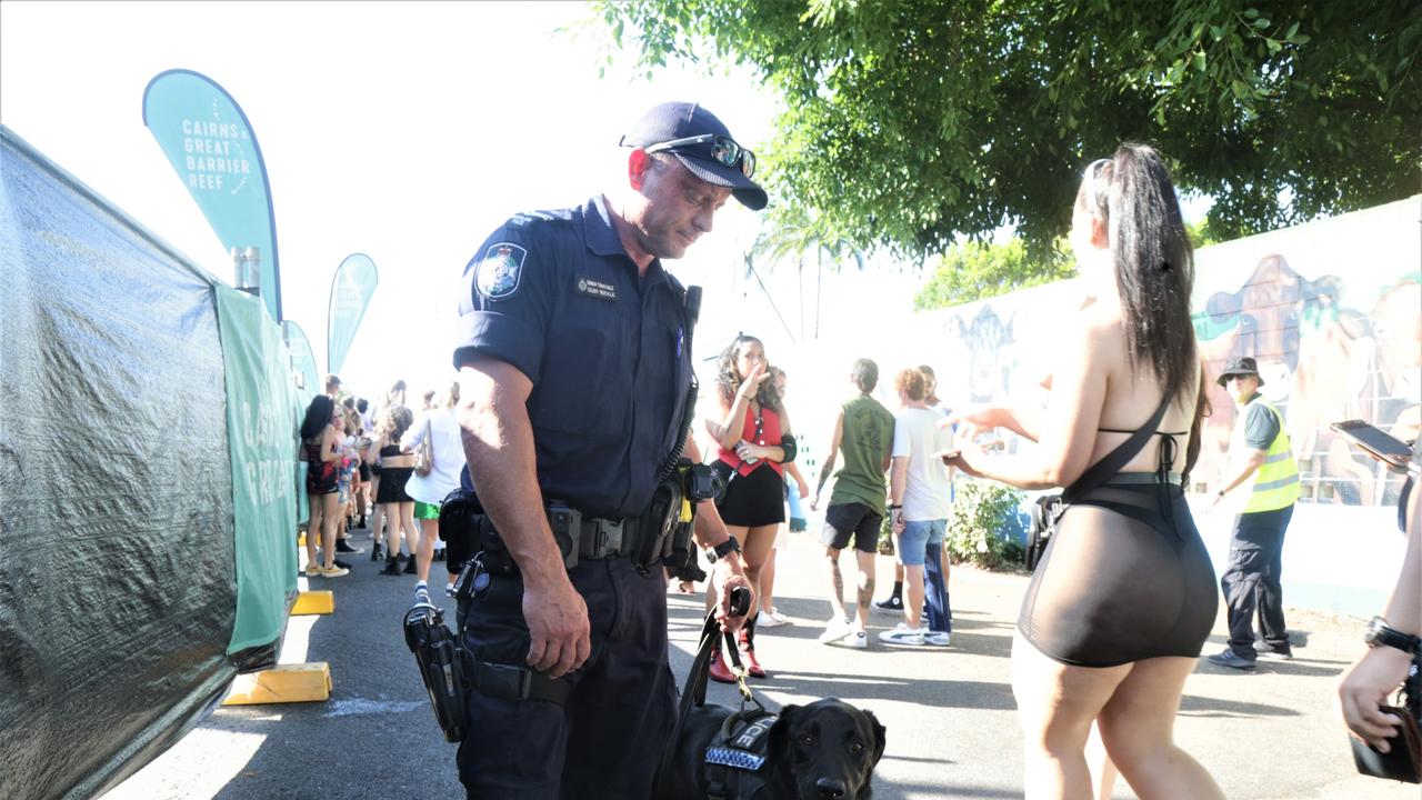 Senior constable Glen Buckle with police dog Quincy on duty outside the Grass is Greener festival. Picture: Peter Carruthers