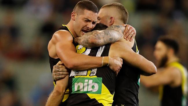 Richmond players celebrate their win against Geelong. Picture: Getty Images