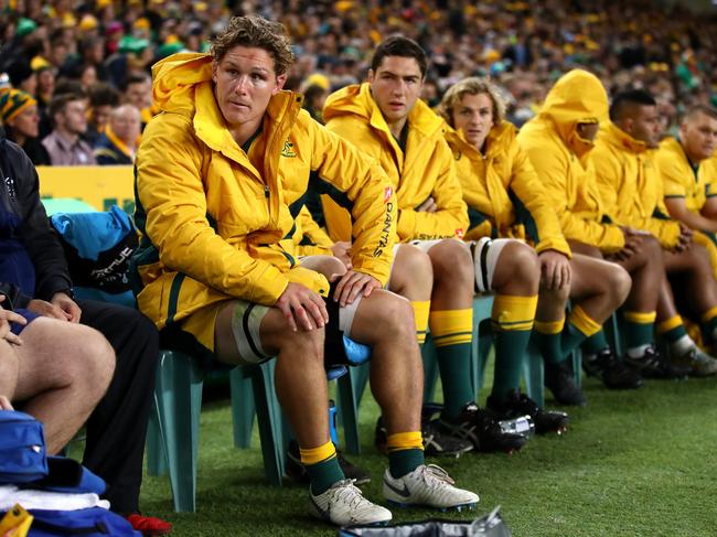 Michael Hooper (L) was forced from the field early in the third test between the Wallabies and Ireland. Picture: Getty Images