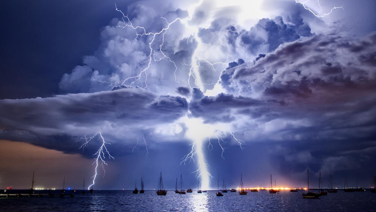 Storm from Western Beach, overlooking Corio Bay. Thunderstorm. Lightning. Boats.