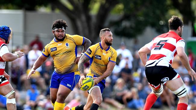 Quade Cooper of Brisbane City looks to pass during the NRC match at the University of Queensland.