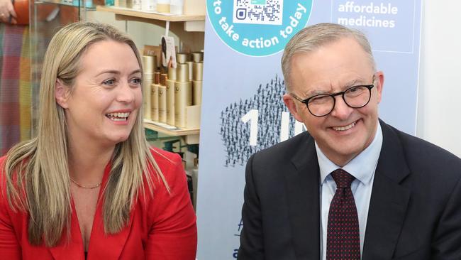 Labor leader Anthony Albanese pictured in the seat of Dobell with partner Jodie Haydon. Picture: Liam Kidston