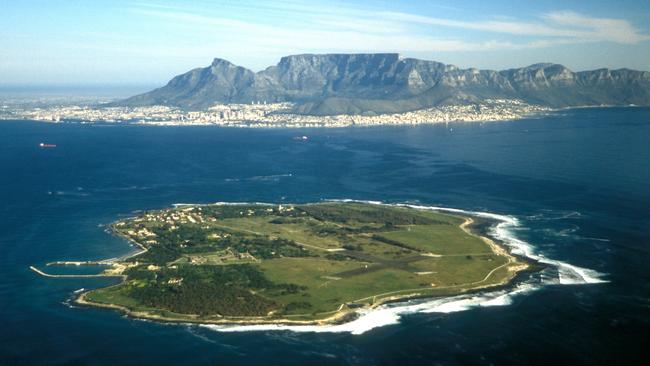 Aerial view of Robben Island with Cape Town and Table Mountain in the background, South Africa. Picture: Alamy.