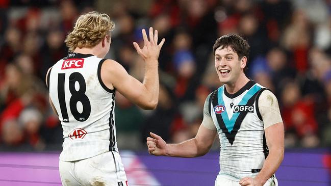 Jason Horne-Francis (left) and Zak Butters. (Photo by Michael Willson/AFL Photos via Getty Images)