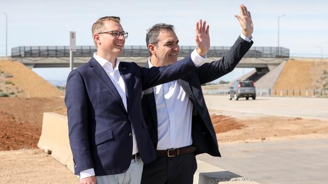 NOT DROWNING, WAVING: Ex-Transport Minister Stephan Knoll and Premier Steven Marshall on the Northern Connector. Picture: Russell Millard