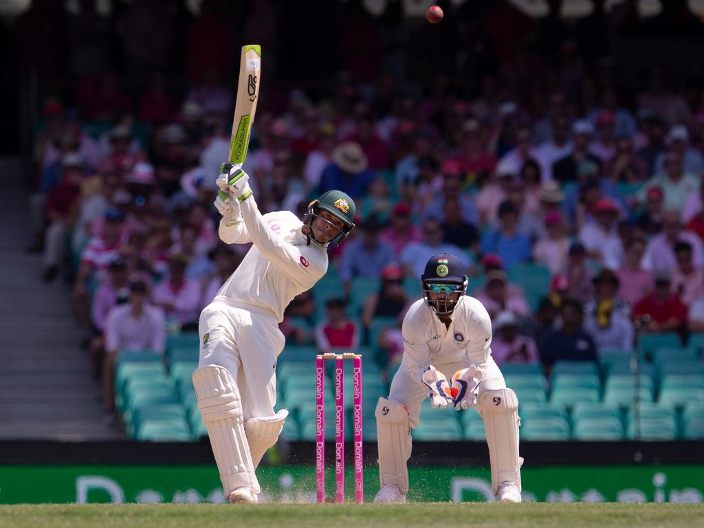 Usman Khawaja hits a boundary playing against India at the SCG in 2019. Picture: AAP Image/Steve Christo