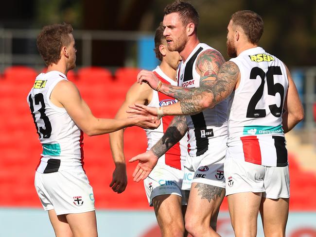 GOLD COAST, AUSTRALIA - JULY 11: Tim Membrey of the Saints celebrates a goal during the round 6 AFL match between the Fremantle Dockers and the St Kilda Saints at Metricon Stadium on July 11, 2020 in Gold Coast, Australia. (Photo by Chris Hyde/Getty Images)