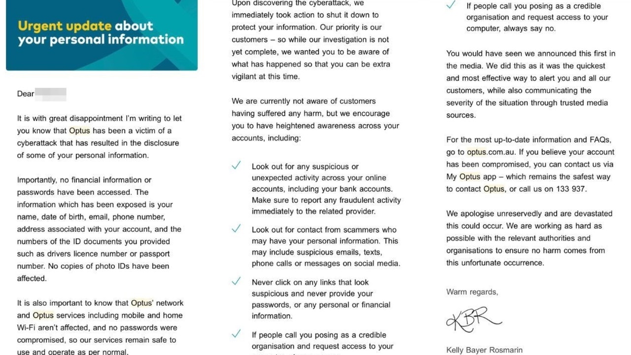 Optus customers who have had data stolen in the massive cyberattack have been contacted via email (pictured). Picture: NCA NewsWire