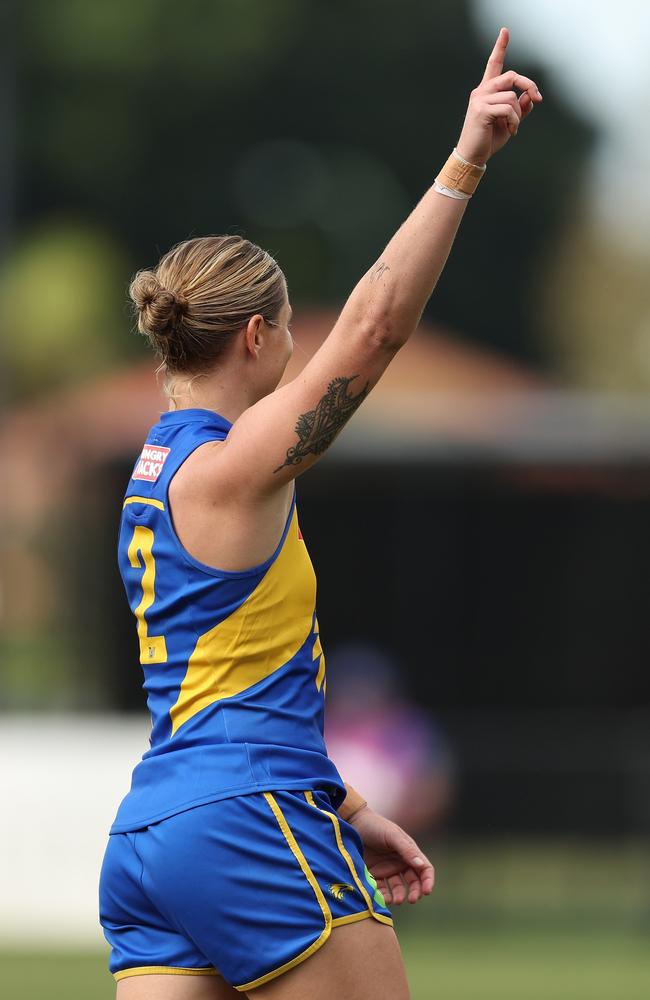 Kellie Gibson celebrates a goal. Picture: Will Russell/AFL Photos via Getty Images