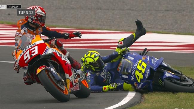 Marc Marquez and Valentino Rossi collide during the MotoGP Grand Prix of Argentina.
