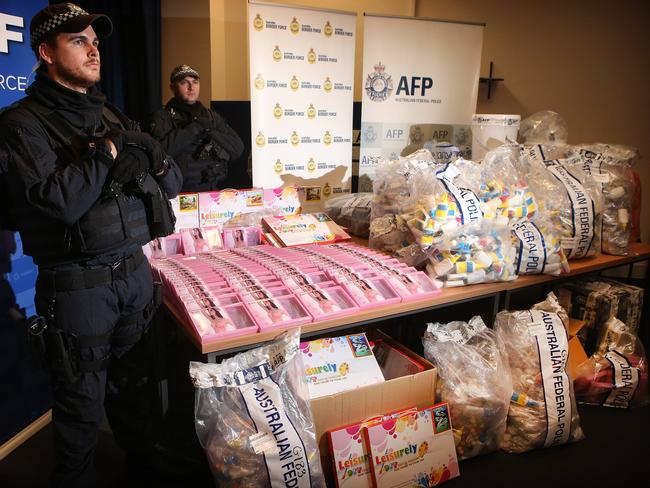Officers guard the huge drugs haul today. Picture: Chris Pavlich