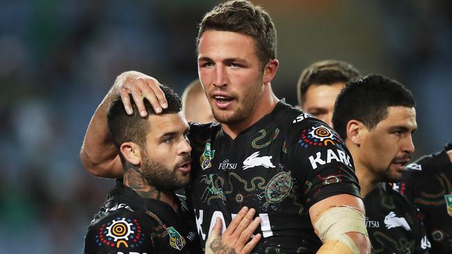 Rabbitohs Adam Reynolds celebrates a try Sam Burgess during NRL match South Sydney Rabbitohs v Penrith Panthers at ANZ Stadium. Picture. Phil Hillyard