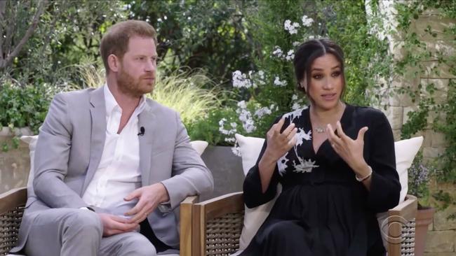 Harry and Meghan seen during interview with Oprah Winfrey. Picture: CBS