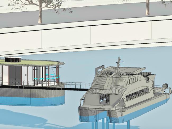 Concept design of Derwent Ferry coming in to dock at the proposed new terminal site at Lords Beach, Sandy Bay. Picture: Hobart City Council