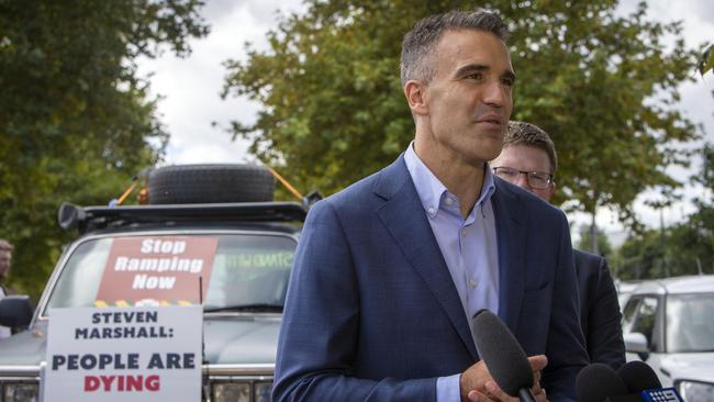 Premier Peter Malinauskas speaks at a press conference at Hindmarsh Ambulance Employees Association in early March while Opposition Leader. Picture: Emma Brasier