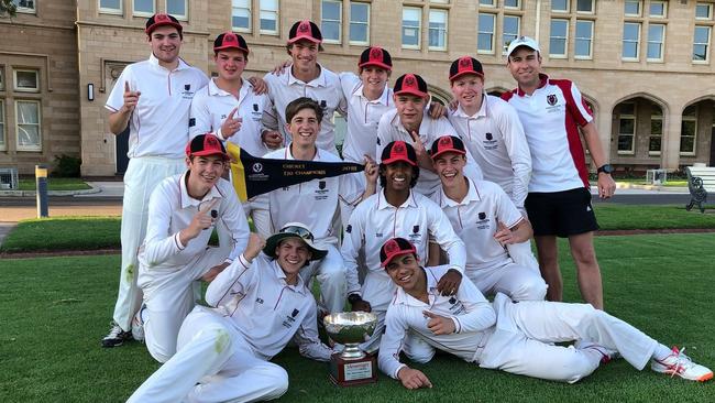 Rostrevor College First XI and coach Bill Trewartha after winning the 2018 Messenger Bowl Twenty20 school cricket final against St Peter’s. Picture: Supplied