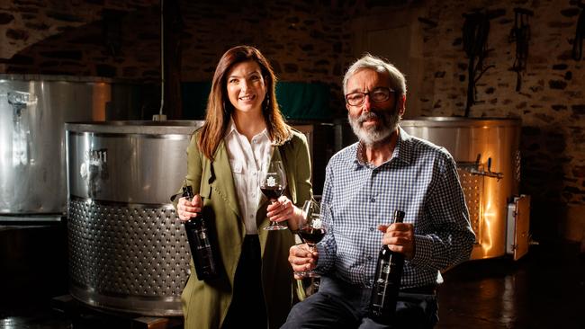 Stephen and daughter Justine Henschke with the 2016 Hill of Grace and Mount Edelstone at the Barossa Winery on April 30, 2021. Picture Matt Turner.