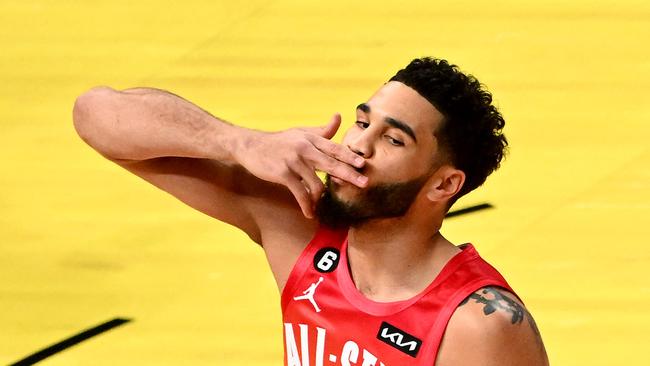 SALT LAKE CITY, UTAH - FEBRUARY 19: Jayson Tatum #0 of the Boston Celtics reacts during the third quarter in the 2023 NBA All Star Game between Team Giannis and Team LeBron at Vivint Arena on February 19, 2023 in Salt Lake City, Utah. NOTE TO USER: User expressly acknowledges and agrees that, by downloading and or using this photograph, User is consenting to the terms and conditions of the Getty Images License Agreement.   Alex Goodlett/Getty Images/AFP (Photo by Alex Goodlett / GETTY IMAGES NORTH AMERICA / Getty Images via AFP)