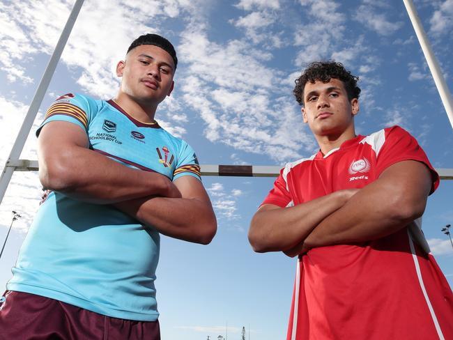 Arama Hau from Keebra Park and Tanu Nona from Palm Beach Currumbin renew the rugby league rivalry ahead of their Langer Trophy clash at Pizzey Park. Picture Glenn Hampson.