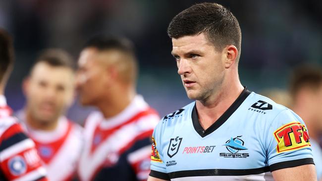 SYDNEY, AUSTRALIA - APRIL 10:  Chad Townsend of the Sharks looks dejected after defeat during the round five NRL match between the Sydney Roosters and the Cronulla Sharks at Sydney Cricket Ground, on April 10, 2021, in Sydney, Australia. (Photo by Mark Kolbe/Getty Images)