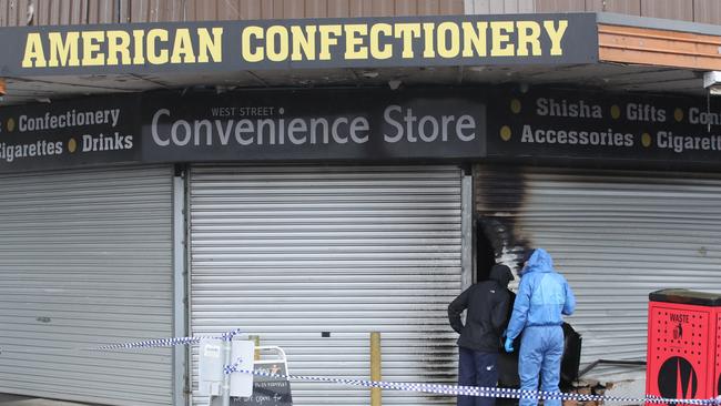 A firebombed tobacco store on West St, Hadfield. Picture: David Crosling