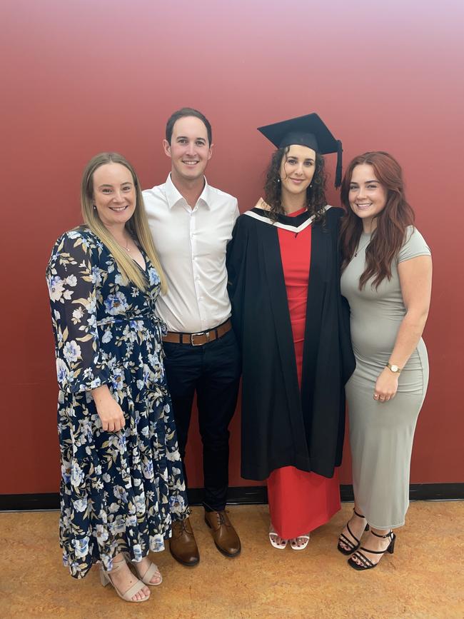 Sarah Spiteri, Jordan Spiteri, Alana Spiteri (Bachelor of Nursing) Ella Brent at the Federation University Churchill Campus graduations on Tuesday, March 25, 2025. Picture: Jack Colantuono