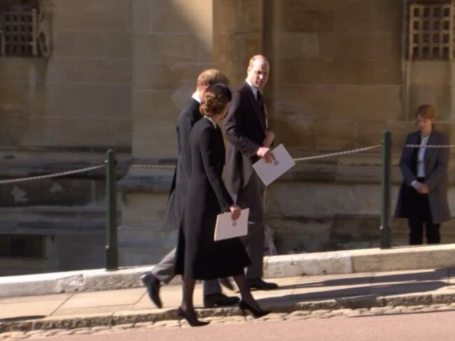 Kate, Prince William and Prince Harry walked together after the funeral of Prince Philip. Picture: BBC