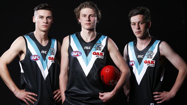 Port Adelaide’s first-round draftees (from left) Connor Rozee, Xavier Duursma and Zak Butters.