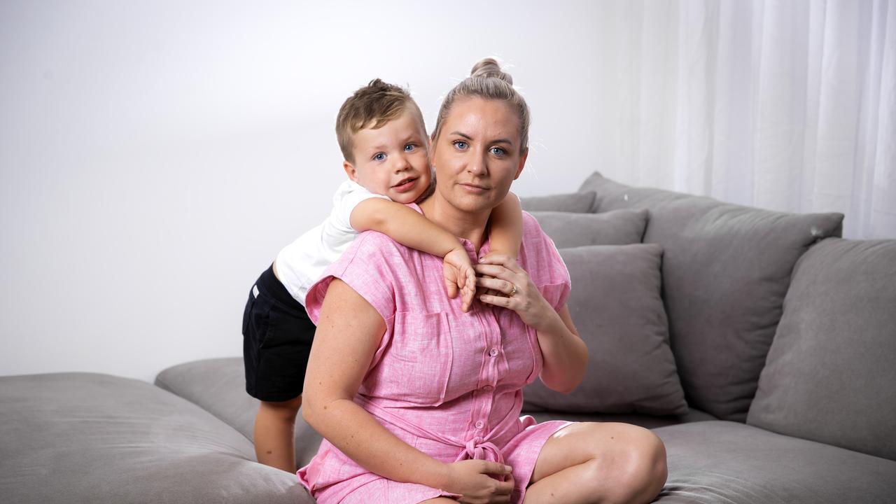 Jessica Preston, with 2-year-old son Carter, is pregnant and can’t use her insurance at Gold Coast private. Picture: Nigel Hallett