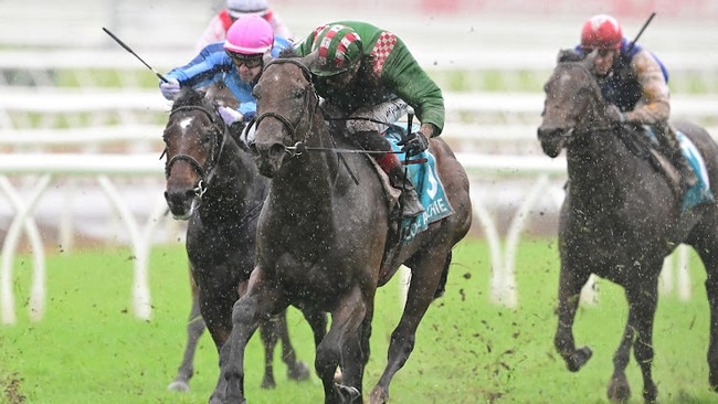 Cool Archie powers through the heavy conditions to win the BRC Sires' Produce Stakes before the Eagle Farm meeting was called off. Picture: Trackside Photography