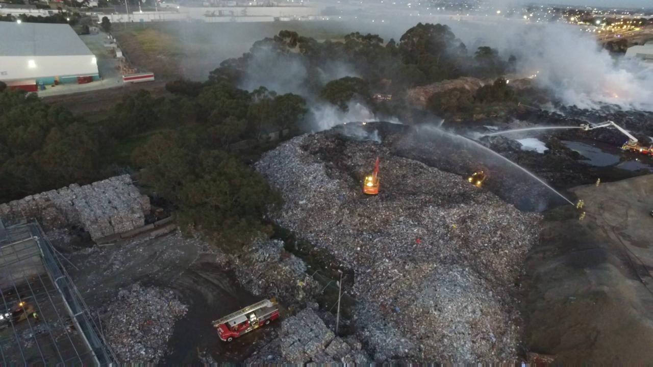 Drone Footage Shows Stubborn Fire At Melbourne Recycling Plant. Credit — MFB (Melbourne Metropolitan Fire Brigade) via Storyful