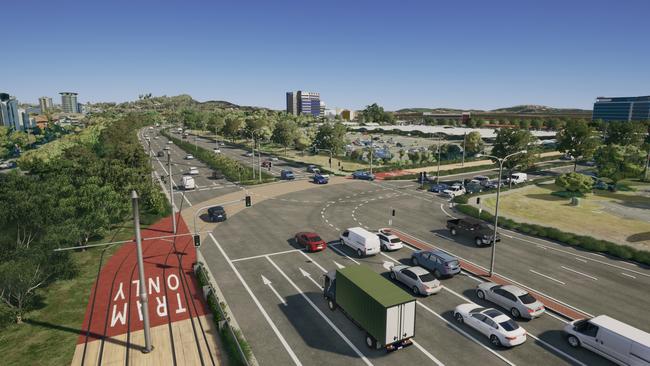 Artist impression showing how the tram will enter the Gold Coast Airport precinct. Picture: Department of Transport and Main Roads.