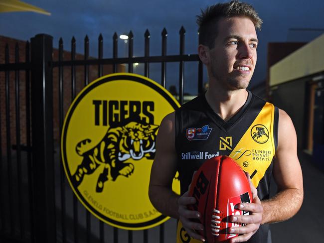 20/05/19 - Glenelg captain Chris Curran will play his 100th game for the Tigers against Port Adelaide on Sunday.Picture: Tom Huntley