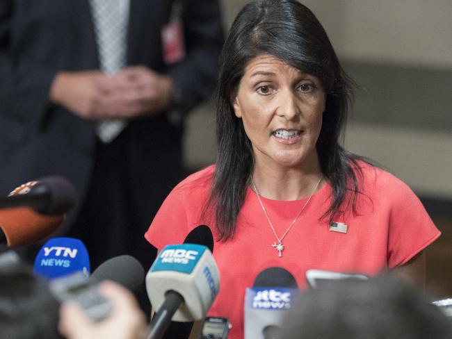 US Ambassador to the United Nations Nikki Haley speaks to reporters after a Security Council vote on a new sanctions resolution against North Korea. Picture: Mary Altaffer/AP